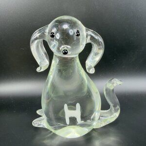 Vintage Art Glass Dog Puppy Monogram White Letter H Glass Paperweight Figurine